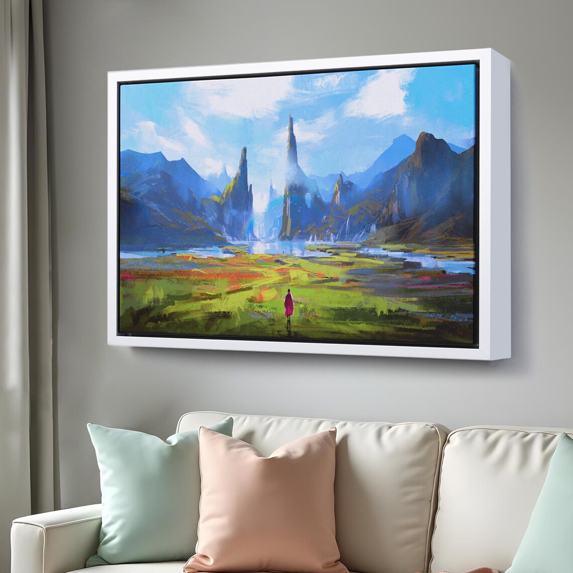 Crimson Cloak Woman Walking Vibrant Fantasy Mountain Valley Poster - Image 3