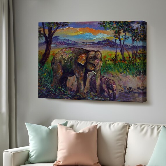 Mother And Baby Elephant Forest Sunset Colorful Wildlife Painting Poster