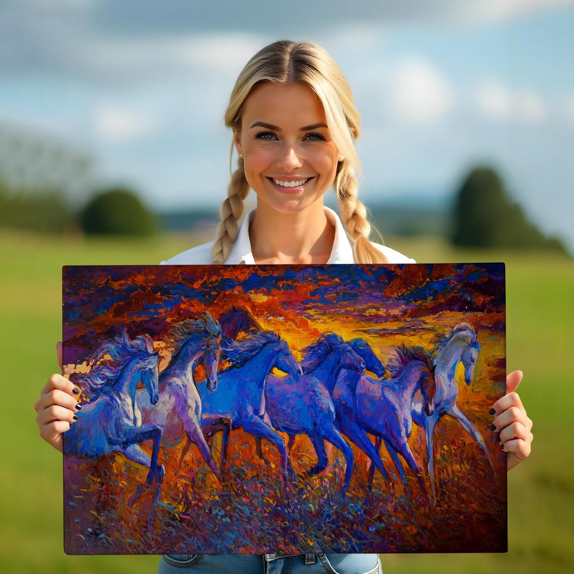 Galloping Horses Fiery Sunset Sky Blue Herd Dynamic Painting Poster - Image 5