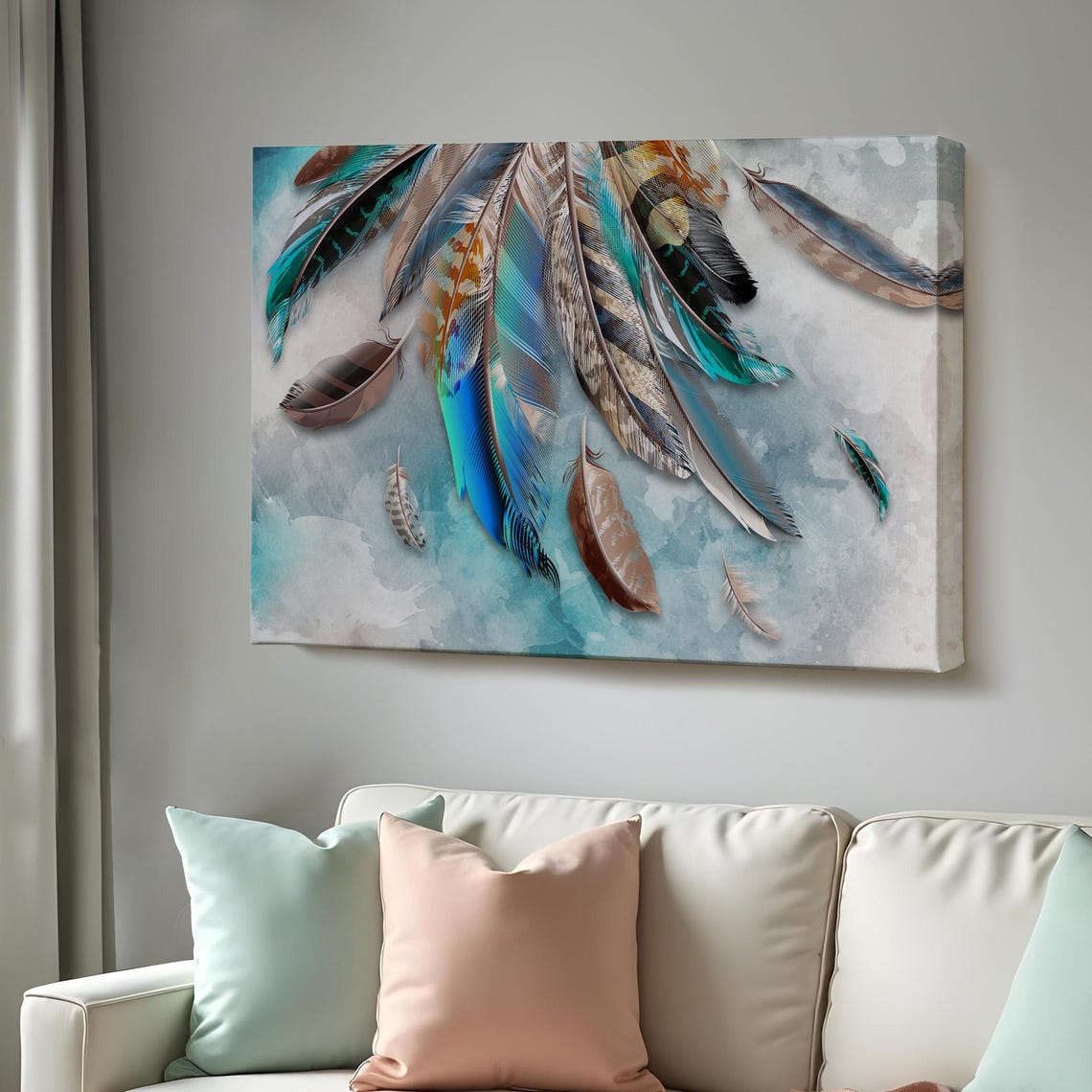 Elegant Bird Feathers Teal Copper Grey Watercolor Art Poster