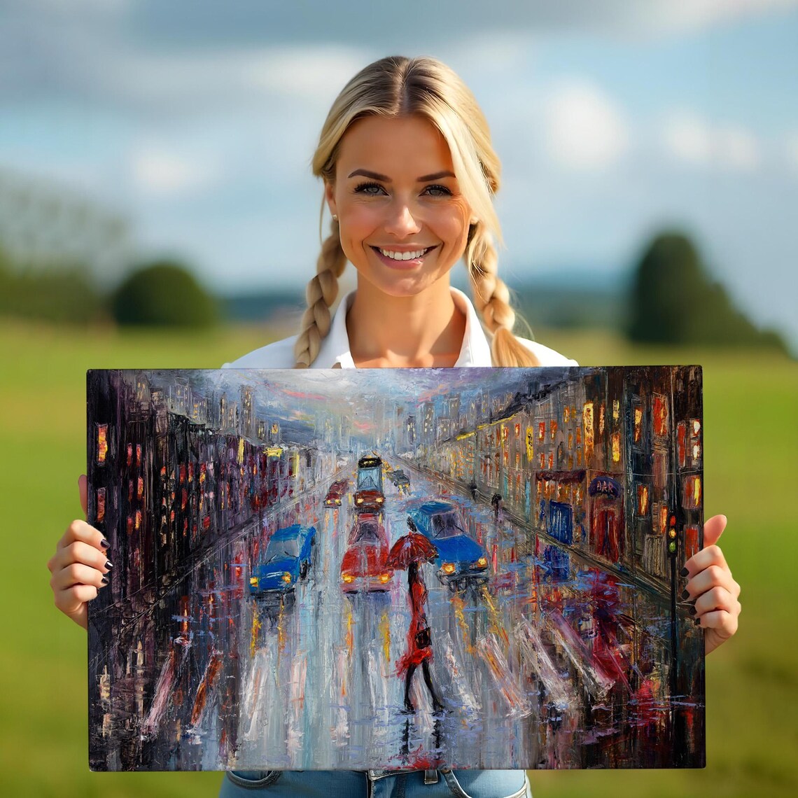 Rainy City Street Woman With Red Umbrella Wet Night Lights Poster - Image 5