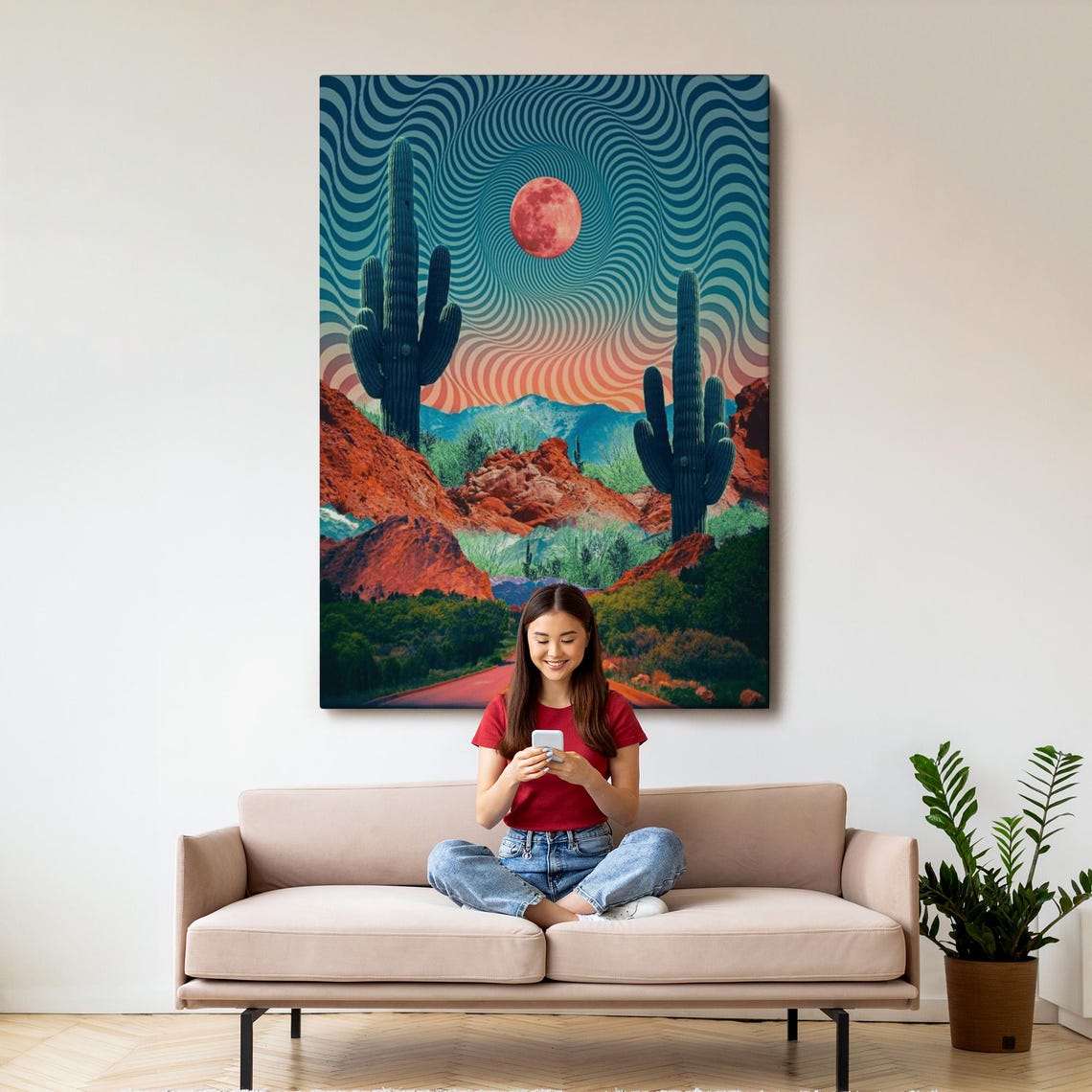 Psychedelic Desert Road Retro Saguaro Cactus Moon Night Sky Art Poster - Image 3