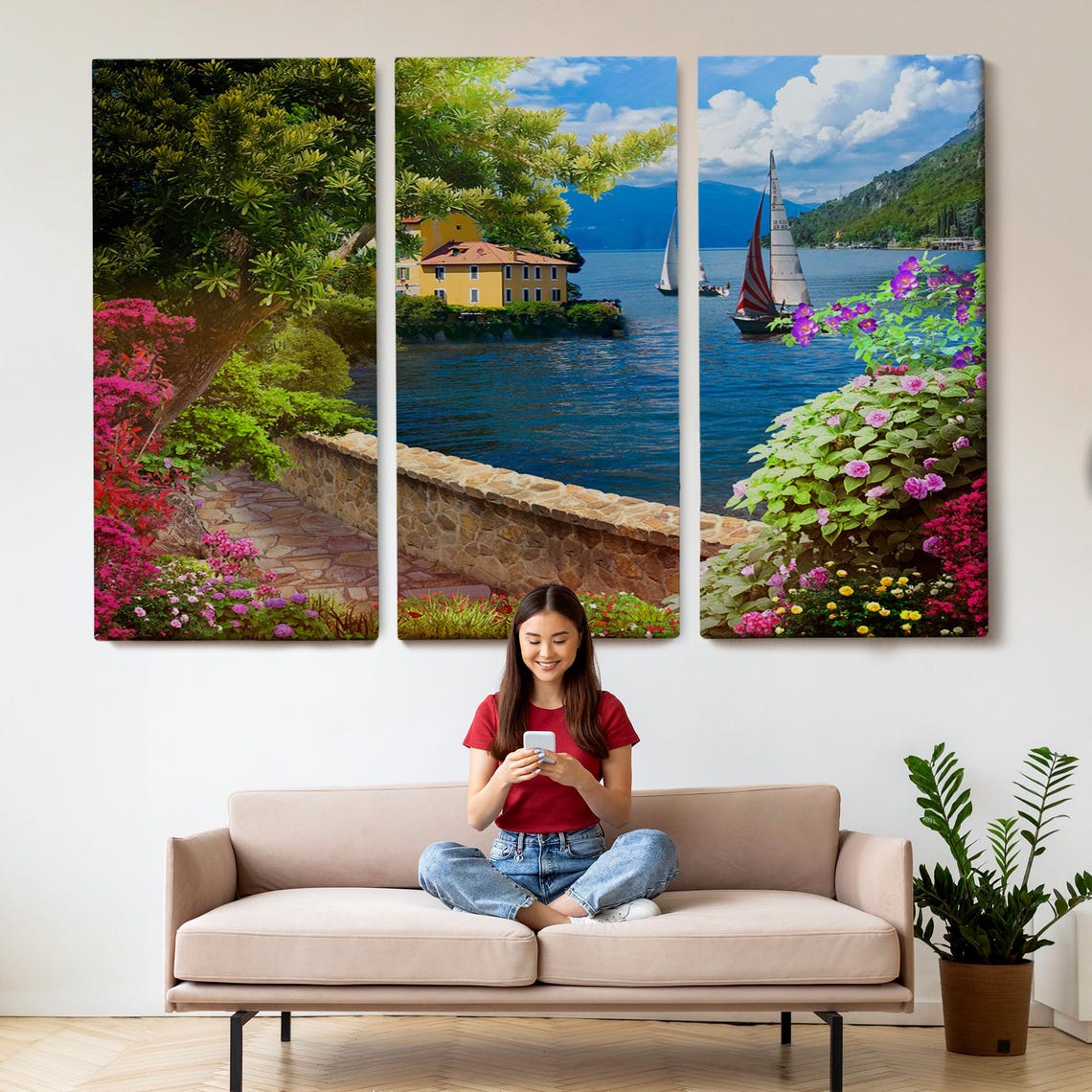 Lakeside Villa Terrace Flower Path Sailboats Mountain View Poster - Image 2