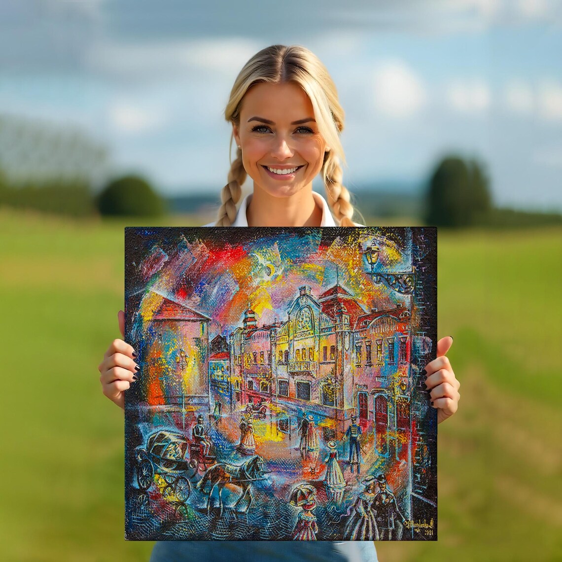 Vibrant Old Town Street Night Carriages Lamplit City Painting Wall Art - Image 5