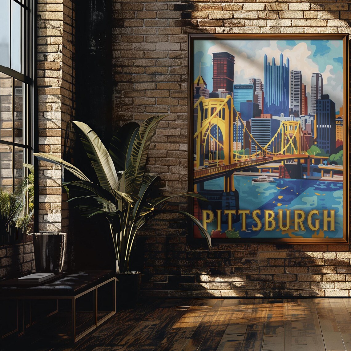 Pittsburgh Yellow Steel Bridge Skyline Vintage City Travel Poster