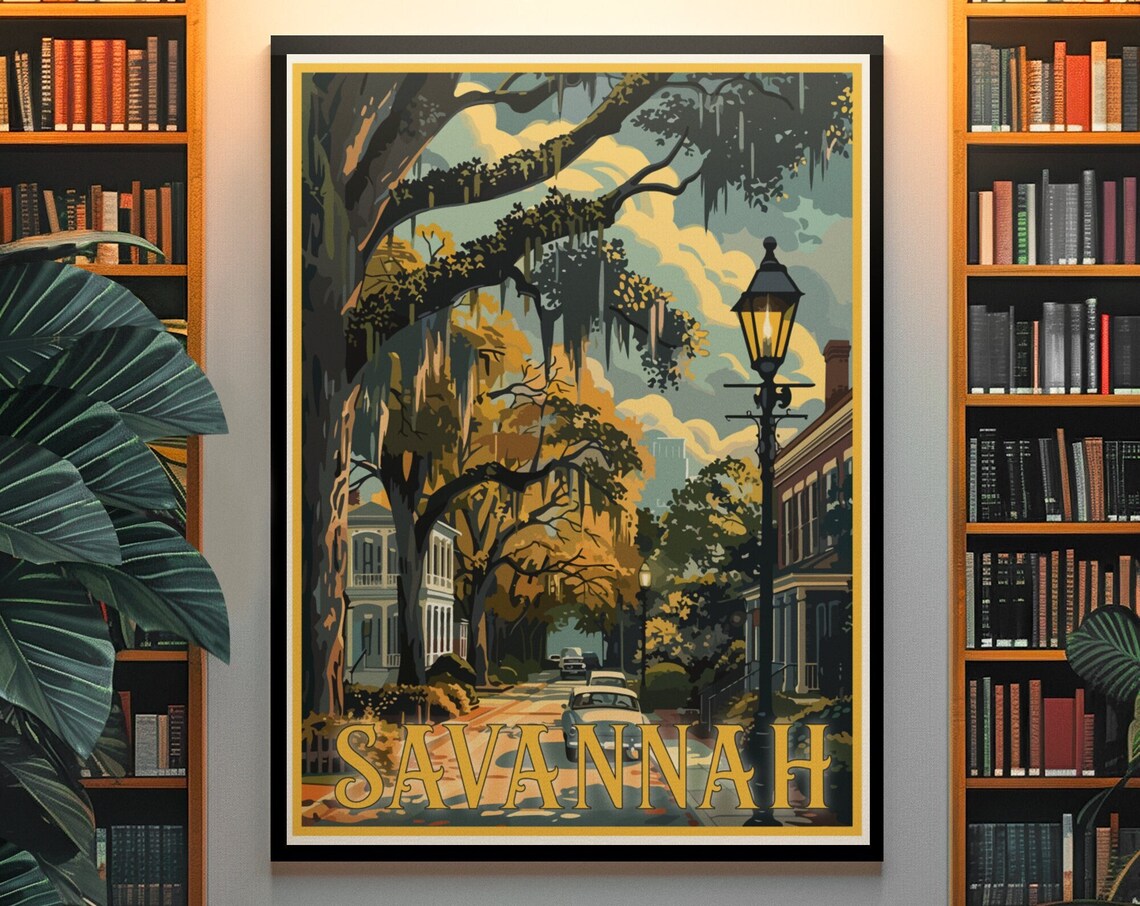 Savannah Georgia Spanish Moss Historic Streets Vintage Travel Poster
