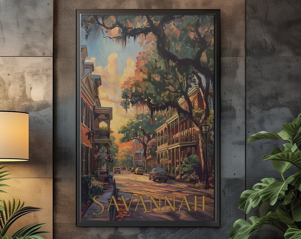 Savannah Georgia Historic Street Watercolor Sunset Southern Poster