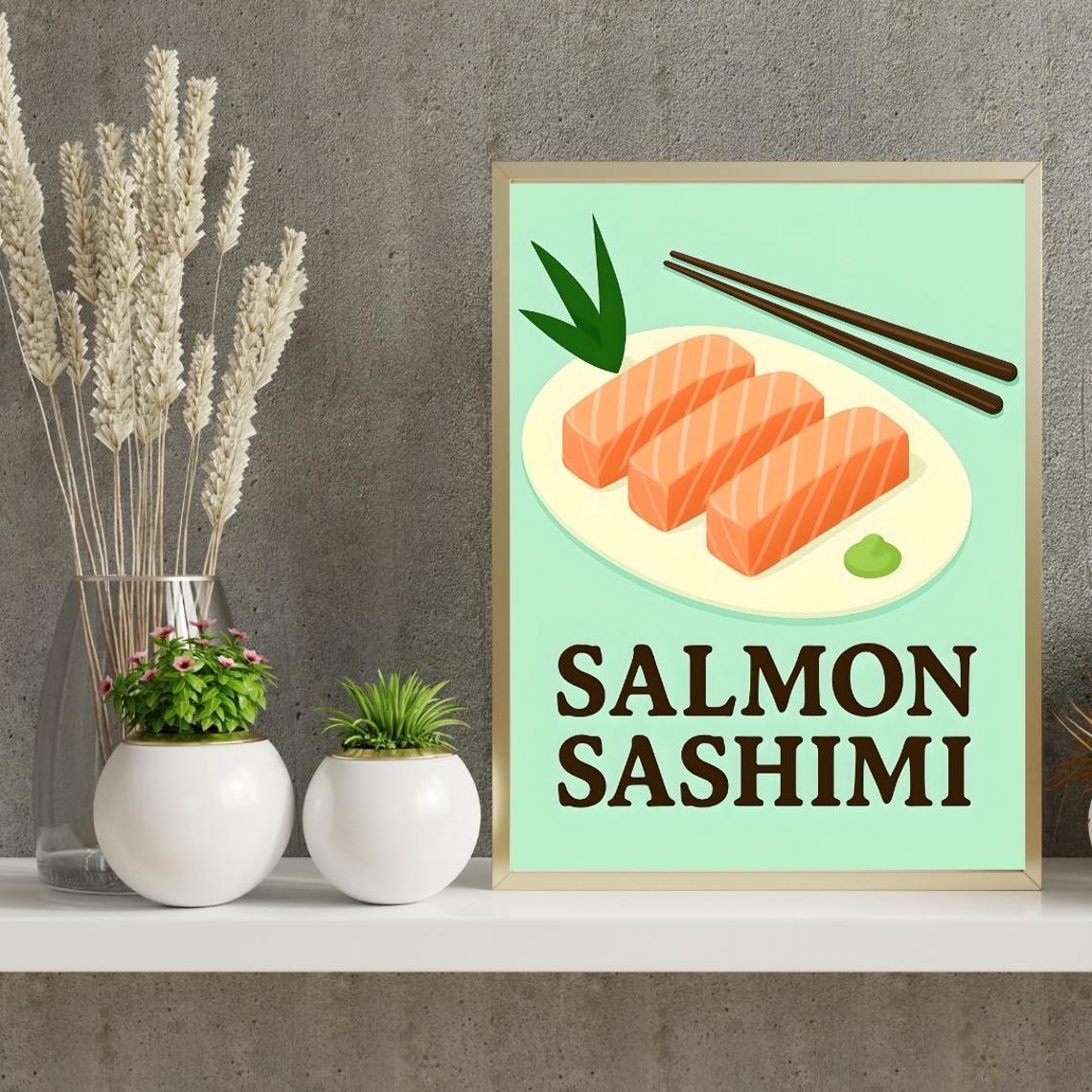 Salmon Sashimi Japanese Food Art Mint Green Kitchen Wall Decor Poster