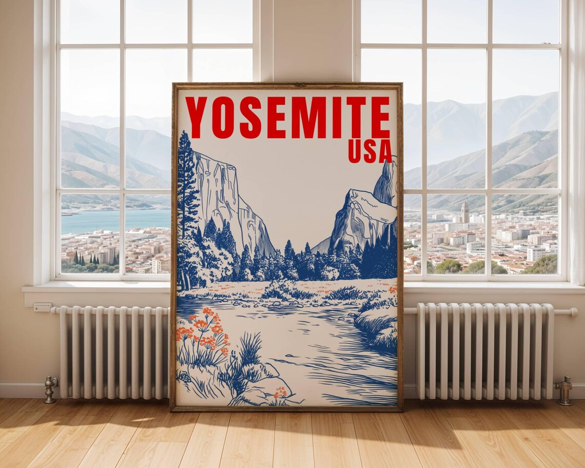Yosemite USA Vintage Travel Style Blue Line Art Mountain Valley Poster