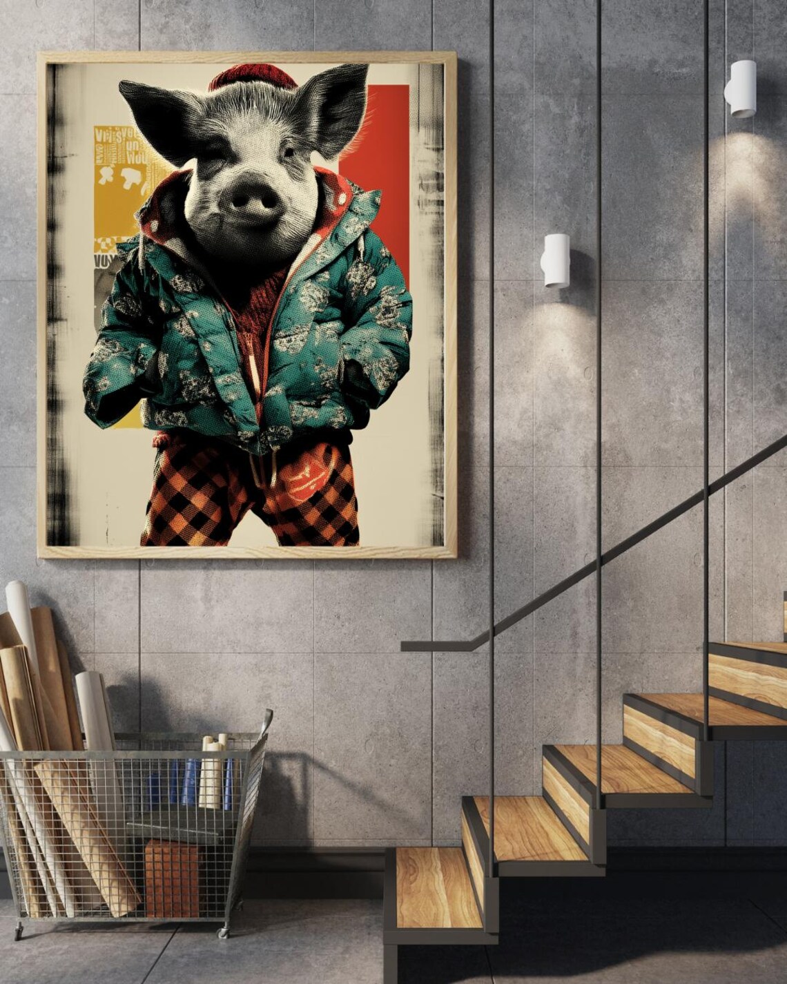 Streetwear Pig Puffer Jacket Beanie Urban Fashion Funny Animal Poster