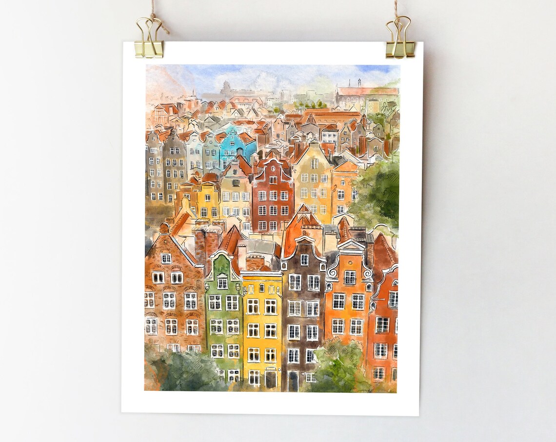 Gdansk Poland Watercolor Travel Poster, City Sketch