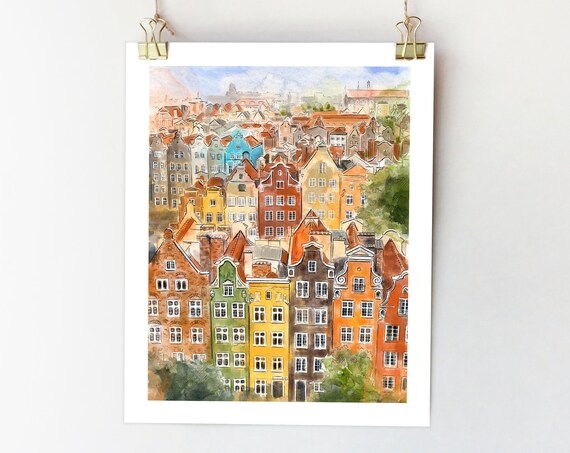 Gdansk Poland Watercolor Travel Poster, City Sketch