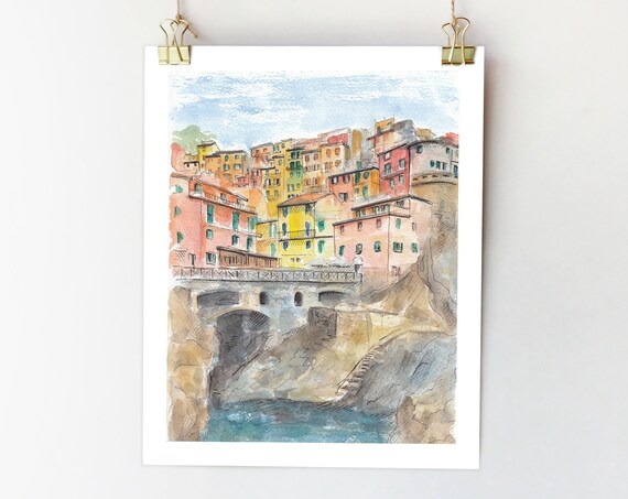Cinque Terre Italian Riviera Watercolor Travel Poster