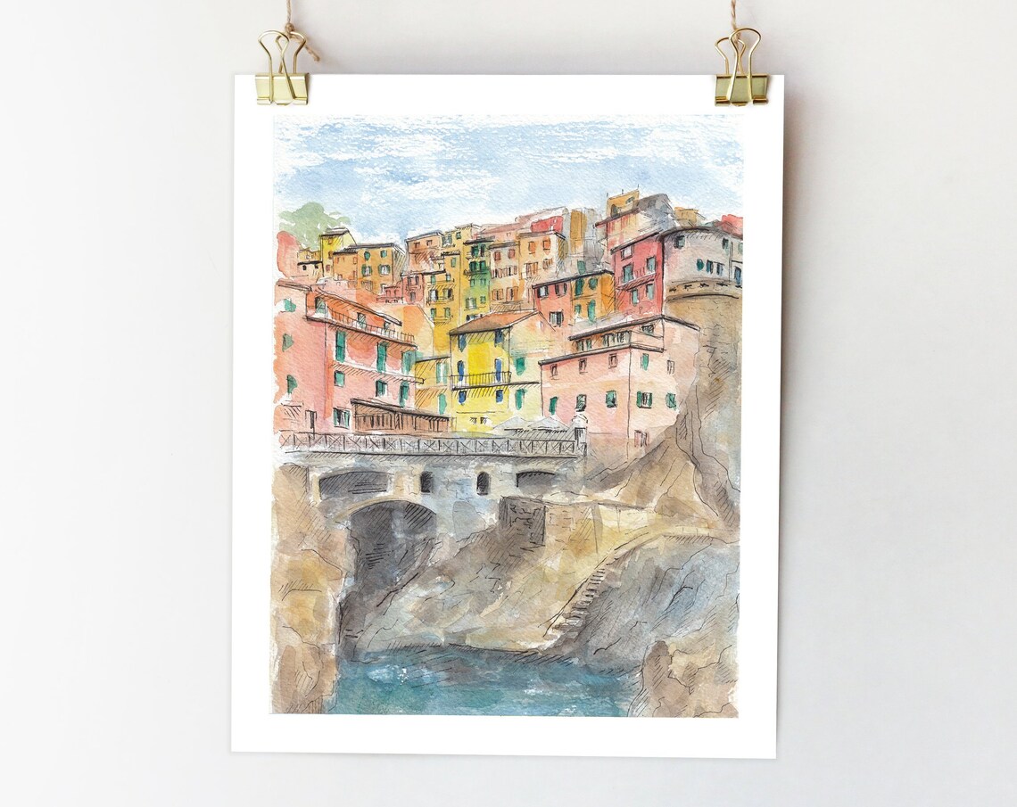 Cinque Terre Italian Riviera Watercolor Travel Poster