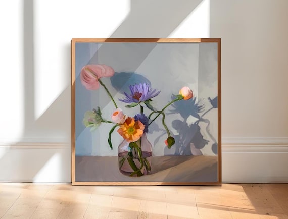 Sunlit Pastel Floral Still Life Print Soft Botanical Glass Vase
