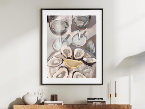 Oysters on Ice with Lemon and Wine Glasses Neutral Seafood Still Life Poster