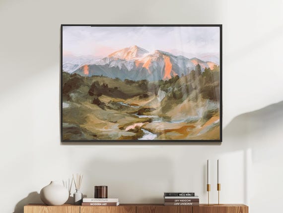 Mountain Sunrise Painting Serene Valley Landscape