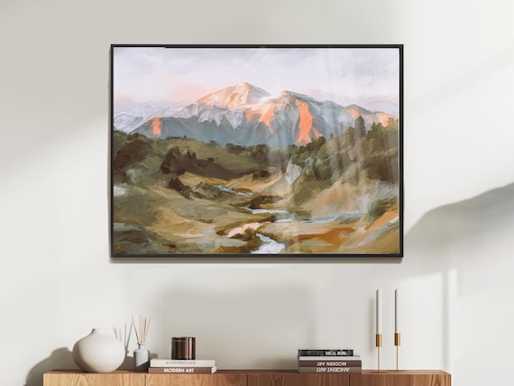 Mountain Sunrise Valley Landscape Art Print Warm Golden Morning Glow