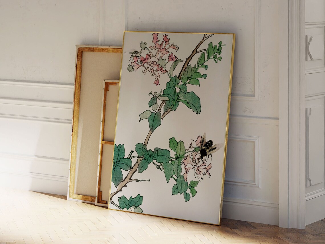 Japanese Woodblock Bumblebee on Pink Blossom Botanical Art Poster - Image 2