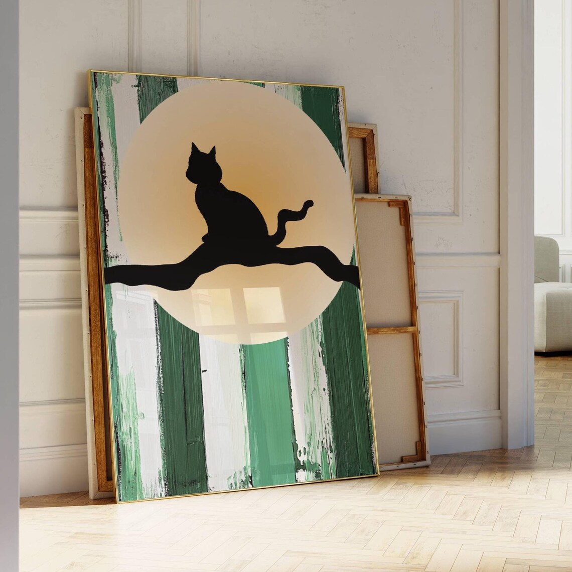 Black Cat Silhouette On Branch Before Full Moon Modern Green Stripe Poster - Image 4