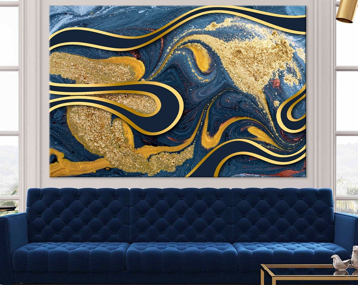 Navy Blue Gold Marble Abstract Luxury Modern Wall Art Poster