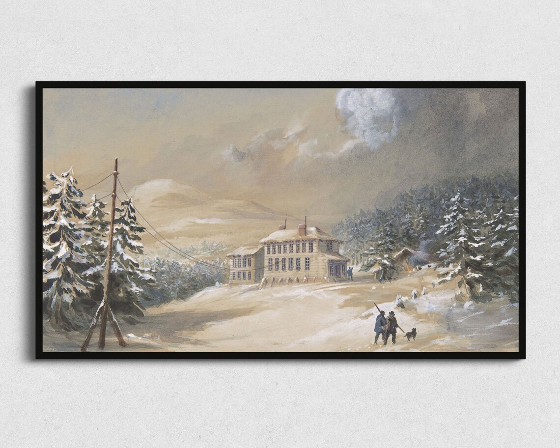 Snowy Mountain Inn Winter Walkers Vintage Christmas Landscape Poster