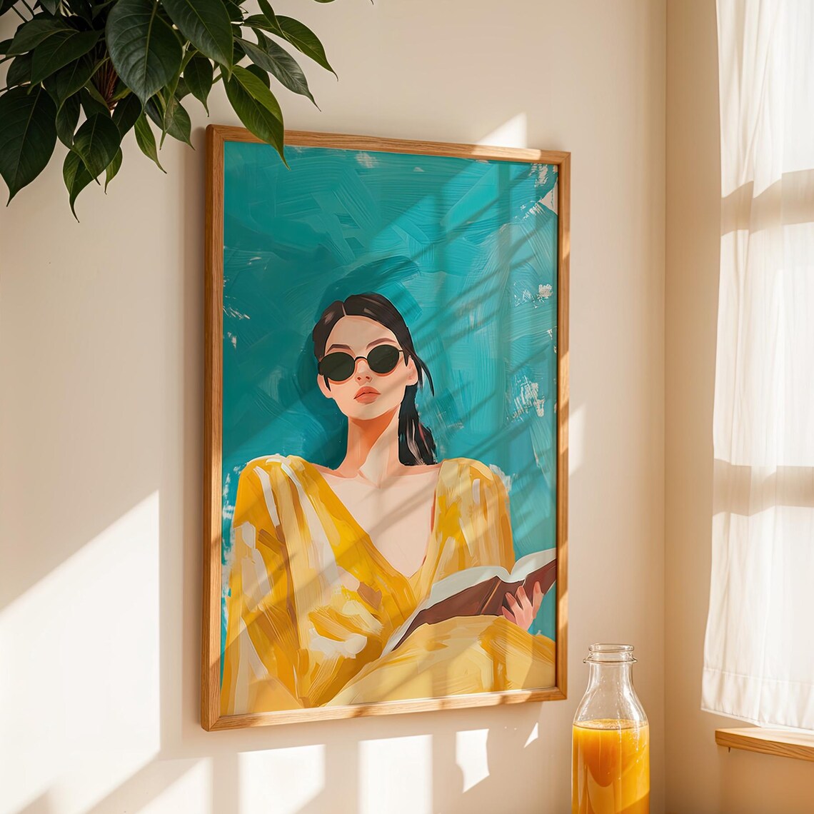 Woman in Sunglasses Reading Book Yellow Turquoise Art Poster - Image 5