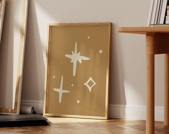 Ochre Boho Stars Poster with Cream Sparkles on Mustard Background