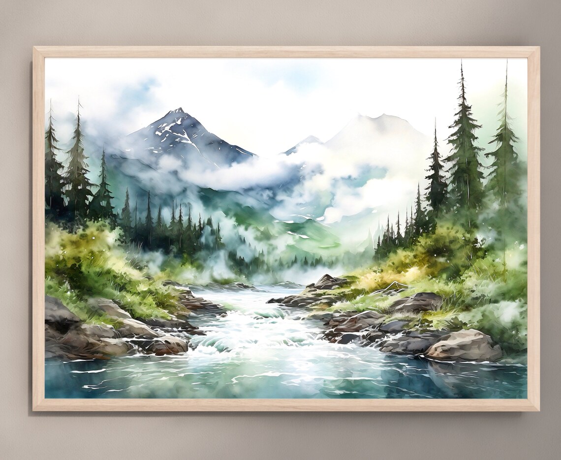 Alaska Watercolor Travel Poster, Mountain River Art Print - Image 3