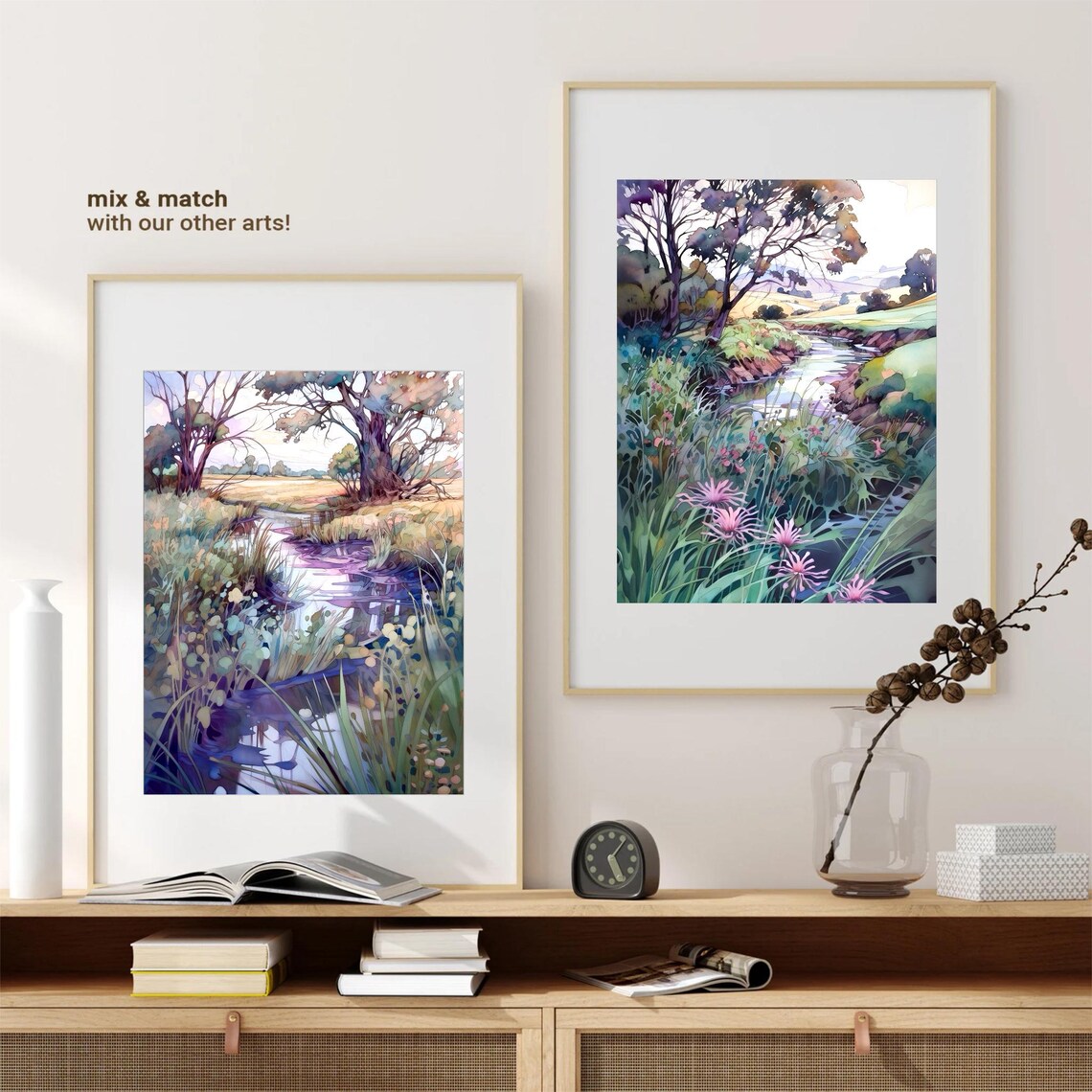 Purple Wetland Stream with Tall Reeds Watercolor Landscape Poster - Image 3