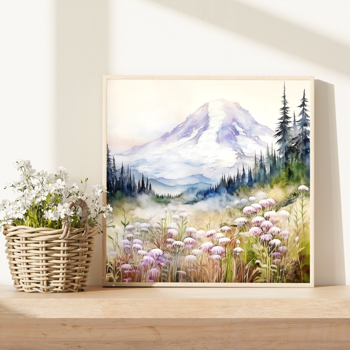 Mount Rainier Snow Peak Pink Wildflower Meadow Watercolor Poster - Image 2