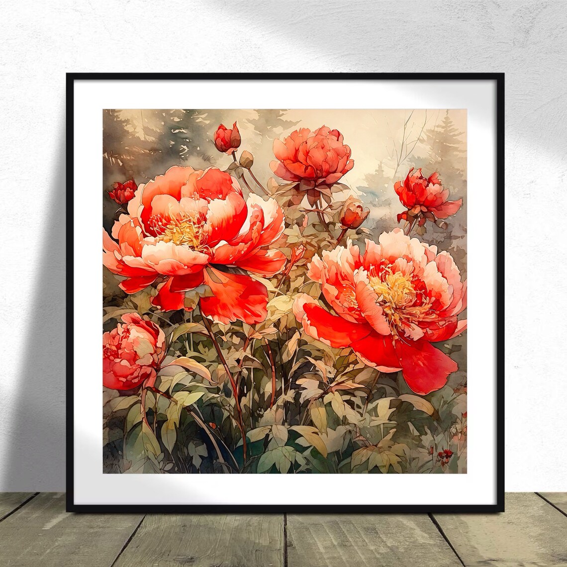 Coral Red Peonies Watercolor Lush Floral Blooms Botanical Art Print - Image 2