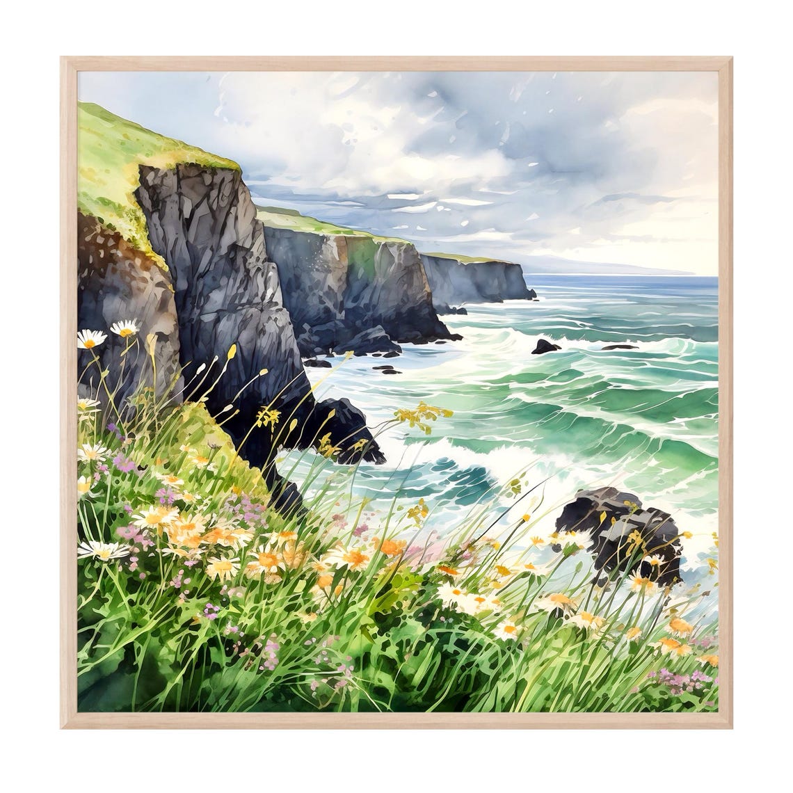 Sea Cliffs Wildflower Meadow Ocean Waves Watercolor Art Poster