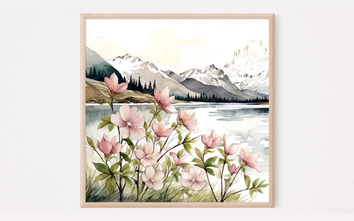 Snowy Mountain Lake Pink Wildflowers Watercolor Landscape Poster - Image 2