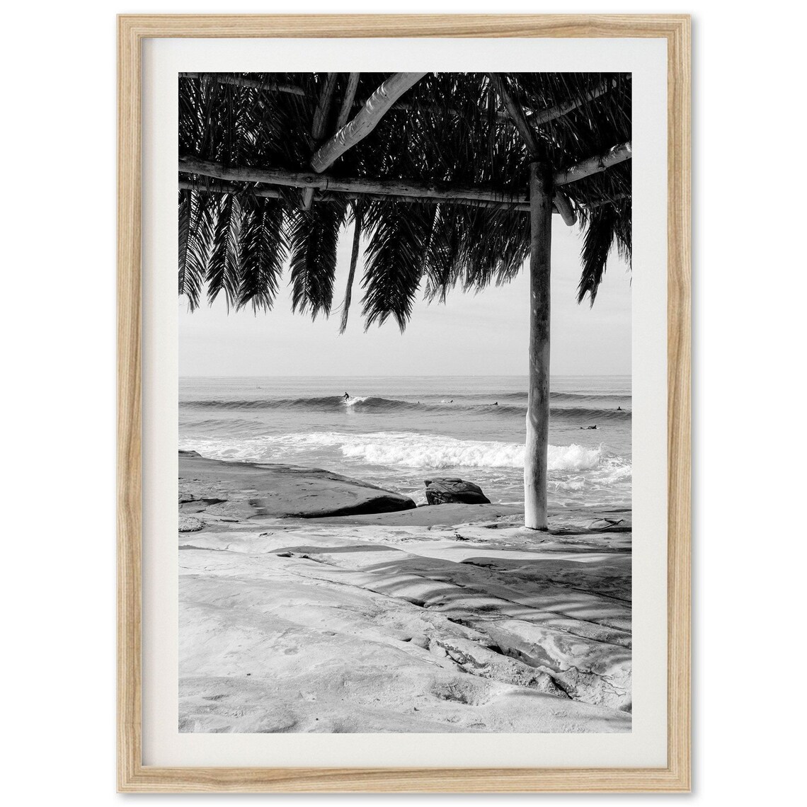 Palapa Beach Surfer Waves Black and White Coastal Photography Print