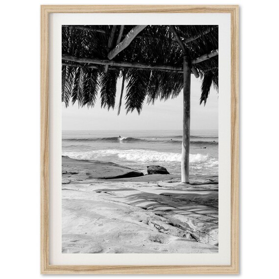 Palapa Beach Surfer Waves Black and White Coastal Photography Print