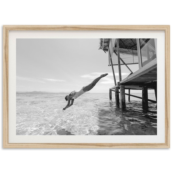 Black And White Beach Woman Dive, Minimalist Art Print