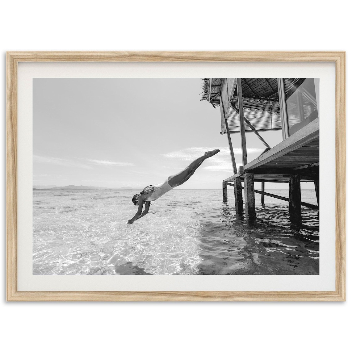 Black And White Beach Woman Dive, Minimalist Art Print