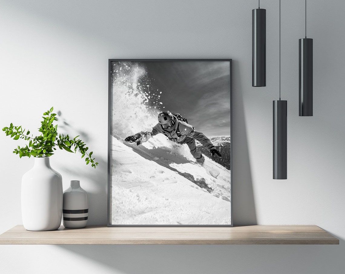 Snowboarder Carving Steep Slope Black and White Action Poster