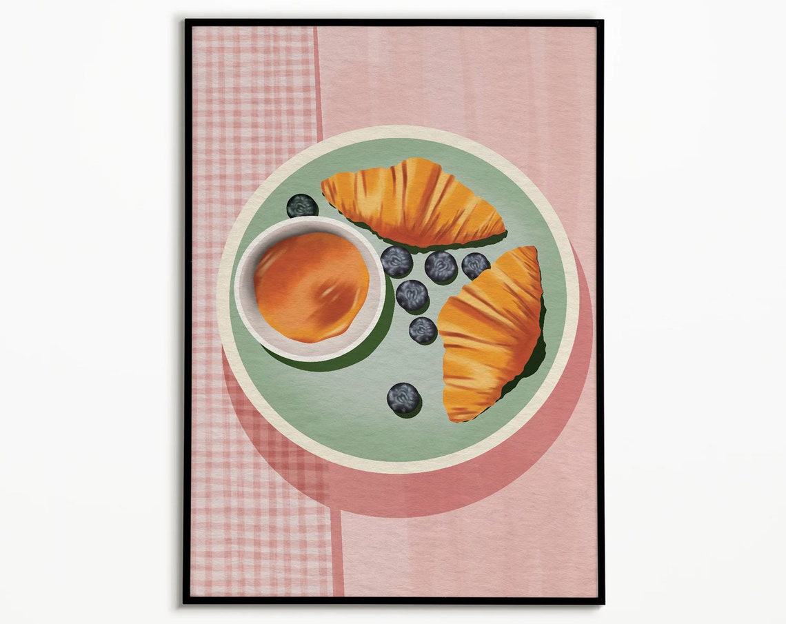 Retro Croissant Coffee and Blueberries Kitchen Illustration Poster