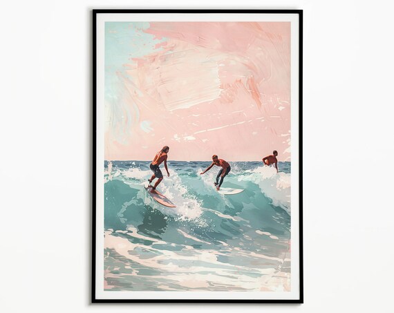 Vintage Blue Surf Riders Retro Wave Illustration Beach Art Poster