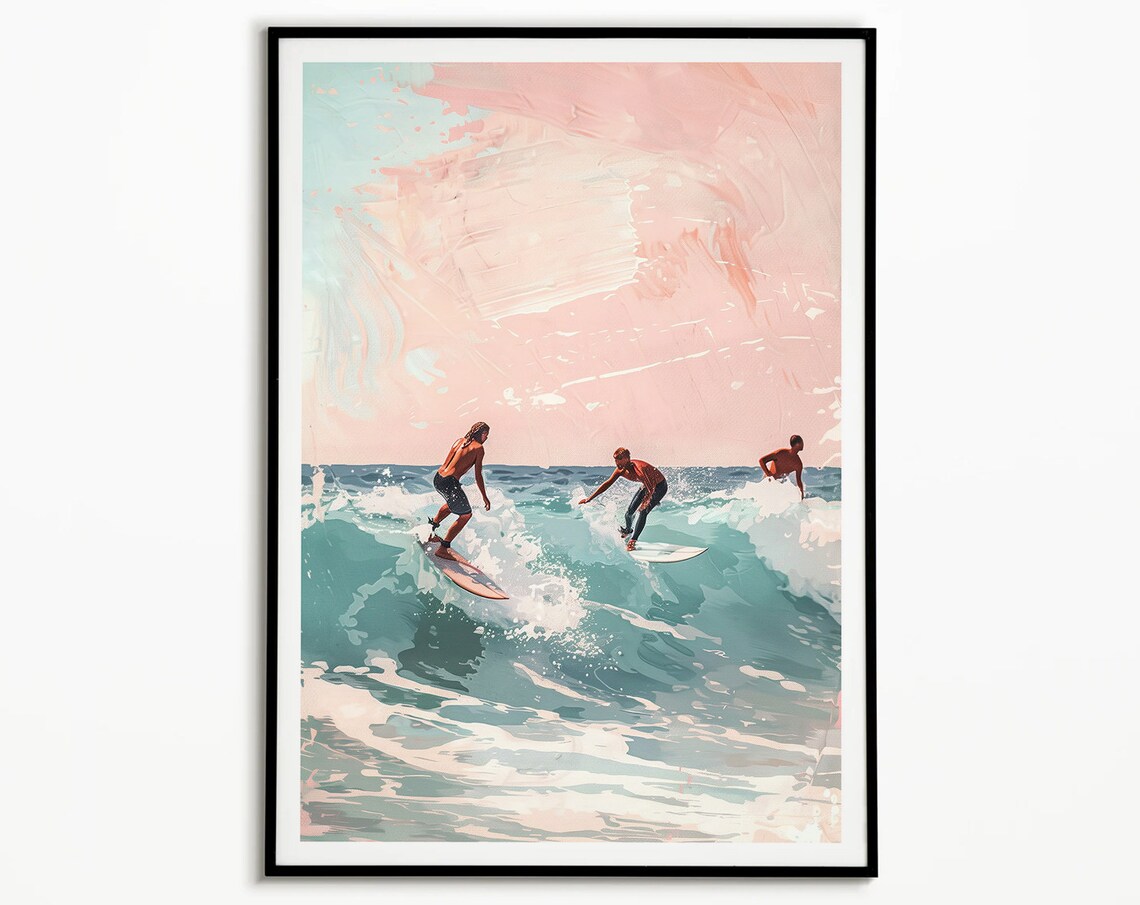 Vintage Blue Surf Riders Retro Wave Illustration Beach Art Poster