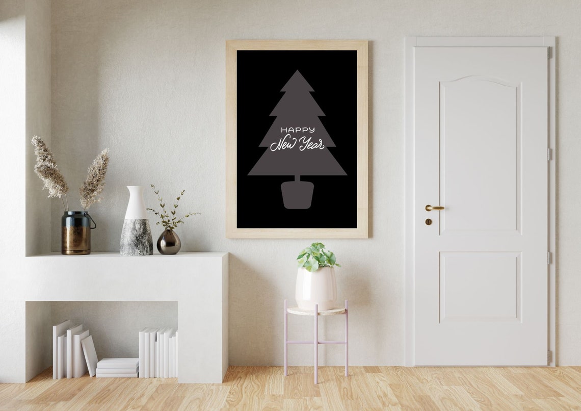 Happy New Year Grey Christmas Tree Black Minimalist Wall Art - Image 2