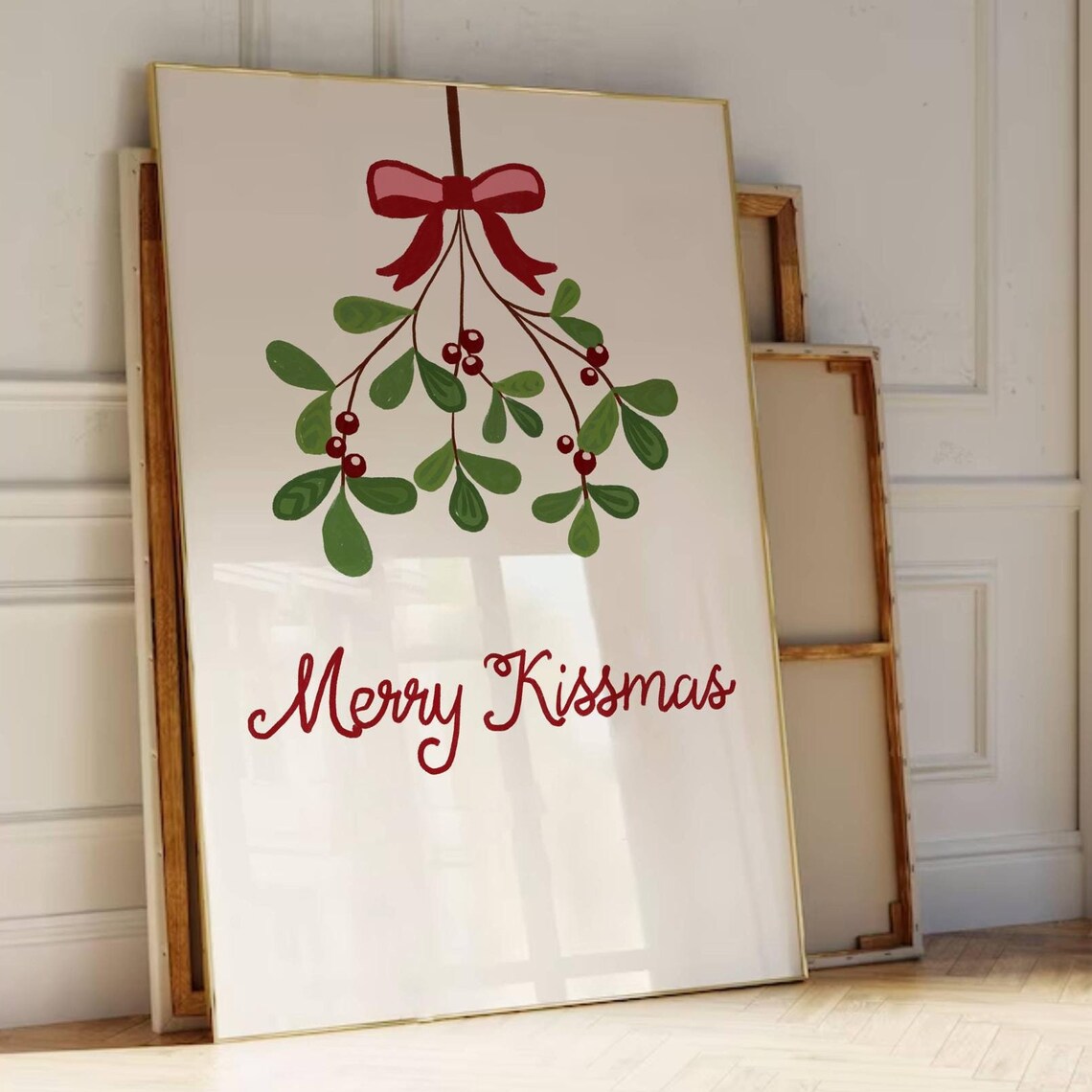 Merry Kissmas Hanging Mistletoe Red Bow Script Christmas Poster