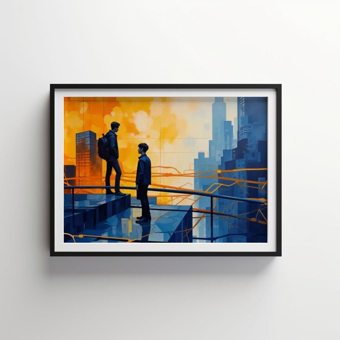 Two Figures on Rooftop at Sunset Over City Skyline Art Poster