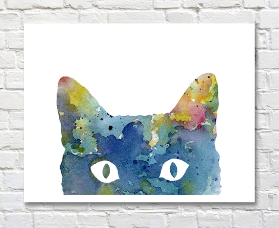 Playful Peeking Blue Cat Face Watercolor Animal Wall Decor Art Poster