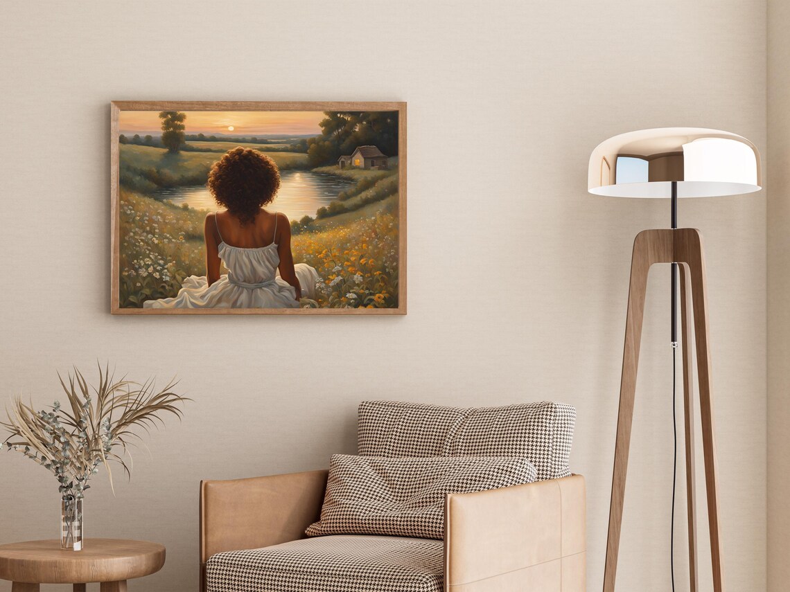 Woman White Dress Sunset Lake Cabin Wildflower Field Painting Poster - Image 3