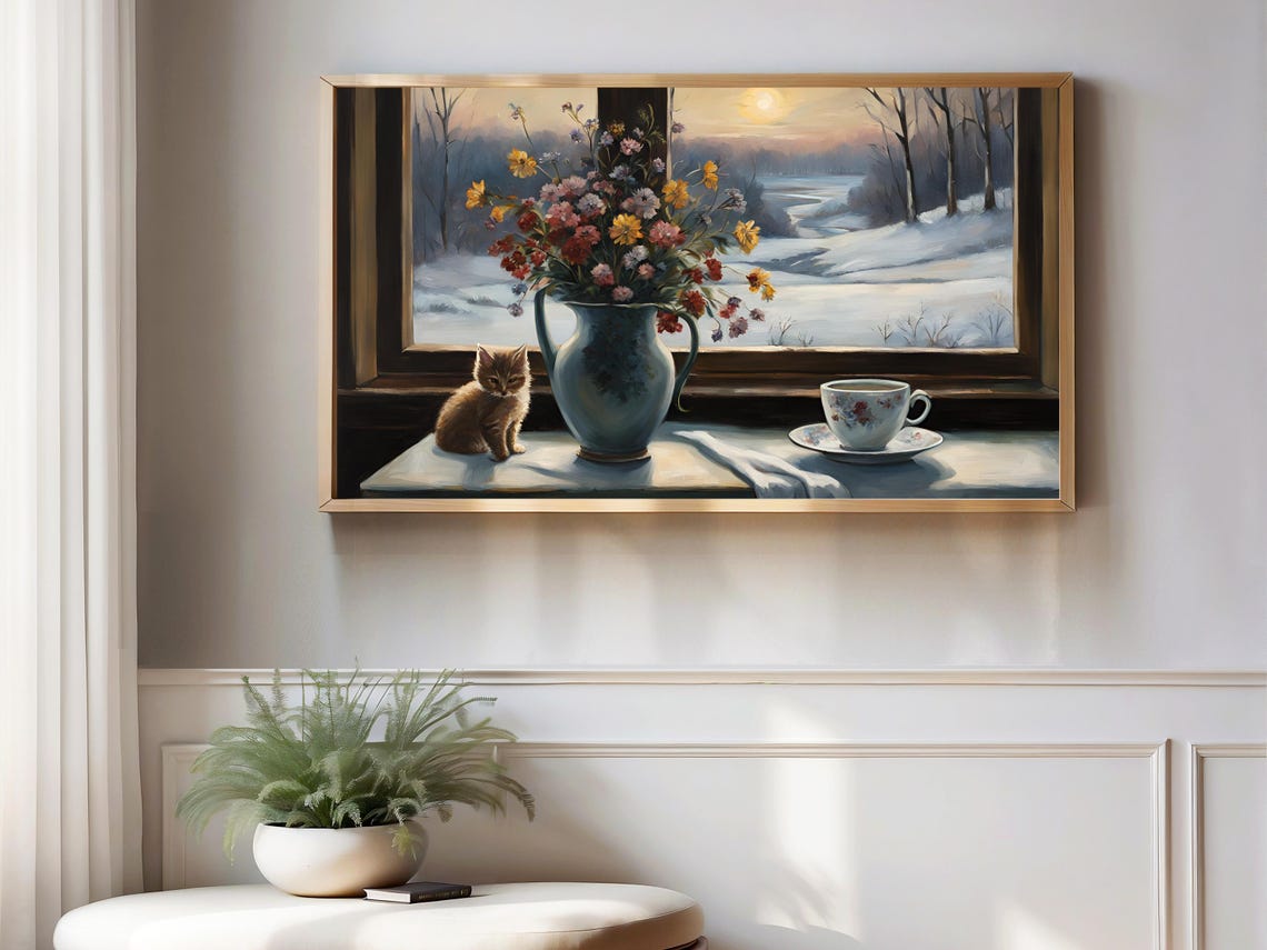 Kitten and Wildflowers on Windowsill Snowy Sunset Vintage Art Print - Image 4