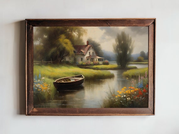 Boat Creek Landscape Countryside Print Vintage Moody Wall Art Dark Wall Decor Bedroom Artwork Vintage Art For Living Room Decor