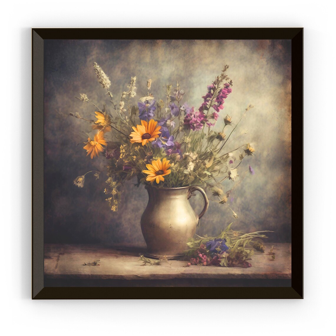 Wildflower Bouquet Copper Pitcher Moody Vintage Still Life Painting Poster - Image 3